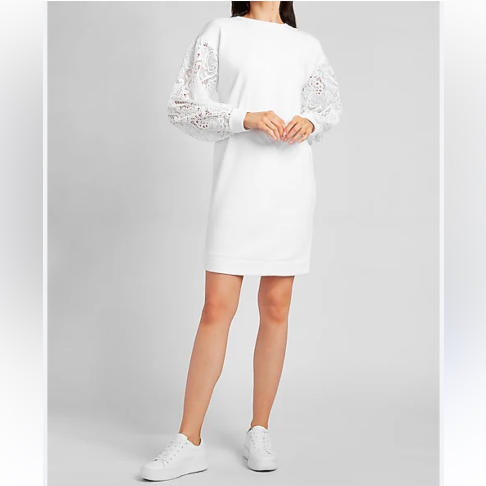 Express White with Lace Sleeve Sweatshirt Dress